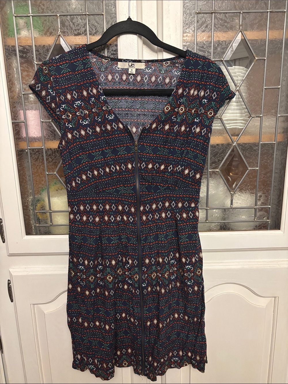 Ya Los Angeles Navy Multicolor Tribal Zip-Front Mini Dress